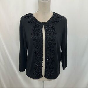 TALBOTS Lambswool Blend Cardigan Sz PL Black Beaded 3/4 Sleeve Sweater EUC